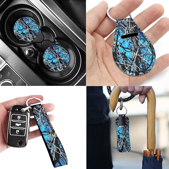 Blue Camo Oak Hunting 12Pc Car Seat Covers Full Set/Steering Wheel Covers/Seat Belt Pads/Key Chain/Coaster/Lipstick Holder Universal Auto Accessories Interior Protector Universal Fit