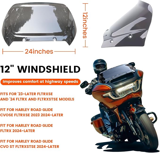 12" Wave Windshield Windscreen Wind Splitter Compatible for Harley Davidson Touring CVO/SE FLTRXSE 2023-2024 2025 2026 FLTRX/CVO ST FLTRXSTSE 2024-2026, Smoke