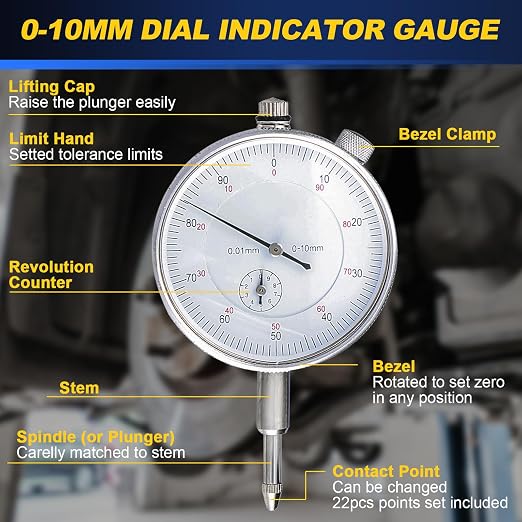 DASBET Dial Indicator with Magnetic Base Holder, Magnetic Dial Indicator Base Holder Fine Adjustable Long Arm 0-10mm Measuring Range Tester Gage Metric Dial Test Indicator Professional Gauge 0.01mm