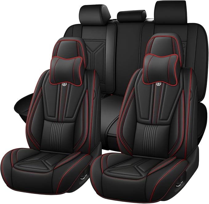 Arazi Fit for 98% of Mazda Seat Covers, 360° Full Wrap Original Seat Cover, Waterproof Nappa Leather Seat Covers with Big Space Storage Pocket Seat Protector（5 Seats Luxury, Black&Red Line）