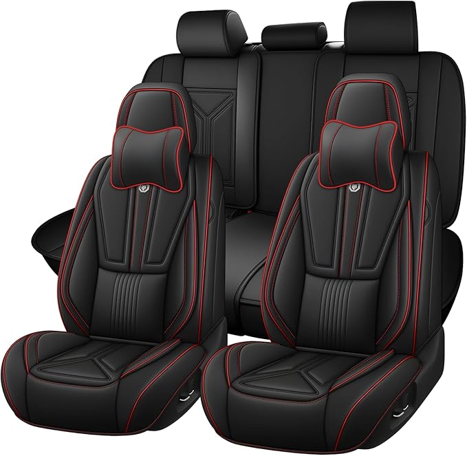 Arazi Fit for 90% of Mercedes-Benz Seat Covers, 360° Full Wrap Original Seat Cover, Waterproof Nappa Leather Seat Covers with Big Space Storage Pocket Seat Protector（5 Seats Luxury, Black&Red Line）