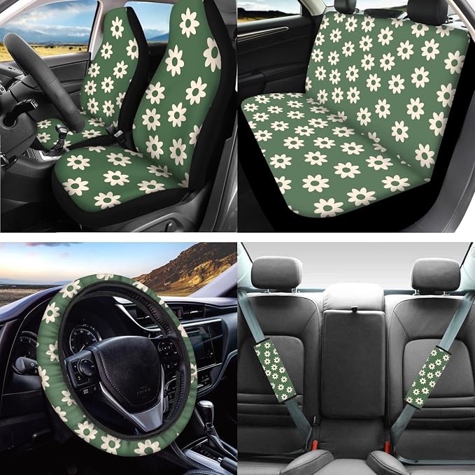 Green Groovy Flower Car Seat Cover 12 Pcs Full Set Floral Auto Steering Wheel Cover 15 Inch，Seatbelt Pad,Keychains Balm Lip Holder Case Absorbent Coasters Decoration Interior Accessory Set