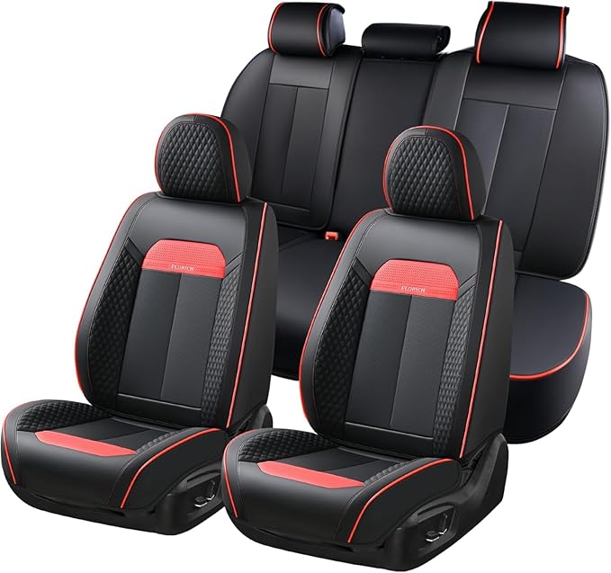 FLORICH Leather Seat Covers, Breathable Waterproof Automotive Seat Cover Full Sets, Front Seat Covers and Back Seat Cover Universal Car Interior Protectors Cushion for Most Cars-Dark red line