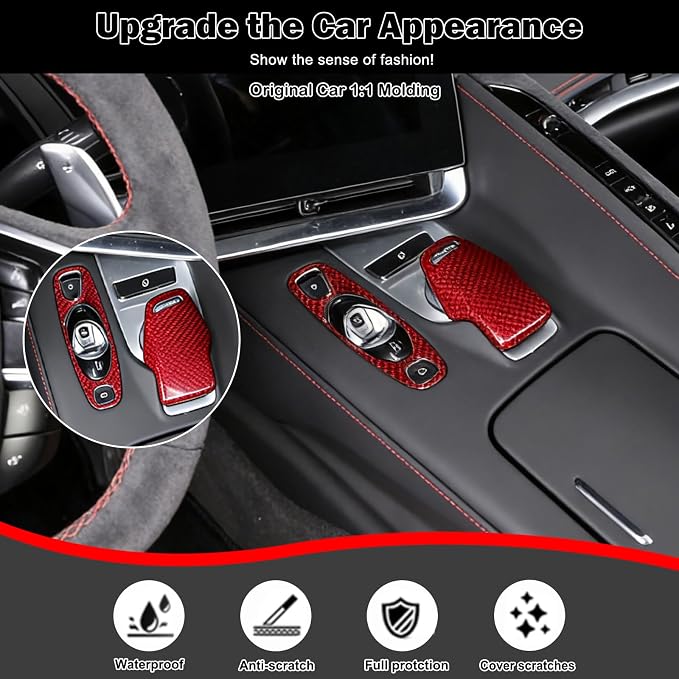 Set of 2 Genuine Carbon Fiber Gear Shift Panel Cover Trim for Corvette C8 2020-2025 Gear Shift Knob Head Protection&Console Gear Shift Button Panel P D Auto M Button Frame Accessories (Red)