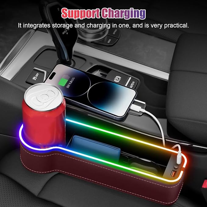 2PCS LED Car Seat Gaps Filler Organizer,Front Seat Gaps Filler, Car Seat Organizer with Ambient Light, USB Charger for Multifunction Storage Box for Holding Phone, Sunglasses