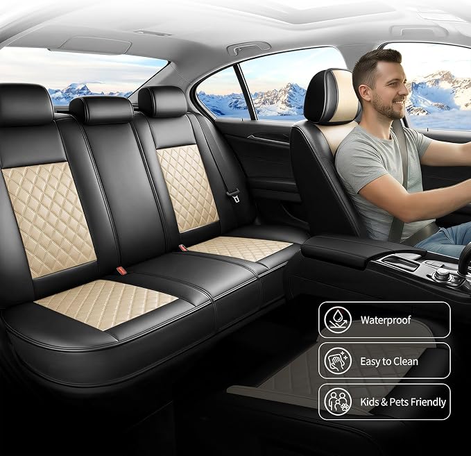 Fit Edge Car Seat Covers for Ford Edge 2007-2025 2026 - Luxury Leather, Anti-Slip, All-Weather Seat Cushions, Waterproof & Breathable, Airbag Compatible, Full 5-Seat Set (Beige)