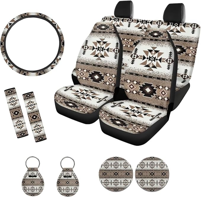 Suobstales Aztec American Tribal Geometric Print Car Seat Cover Full Set SUV Interior Accessories Front/Back Bench Bucket Seat Cover, Steering Wheel Cover, Seat Belt Cover, Coasters, Keychain