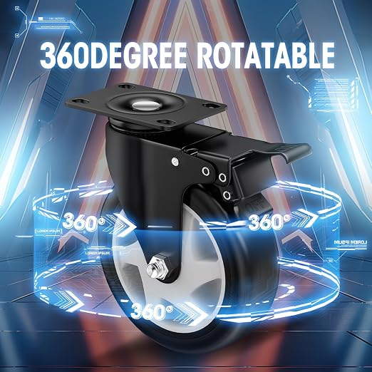 5" Heavy Duty Plate Casters, 1400 Lbs Dual Brake - Set of 4 | Black 1400 Lbs per 4 casters. 360° Swivel. Dual lock. PU won't mark floors. For workbench, furniture, cart.
