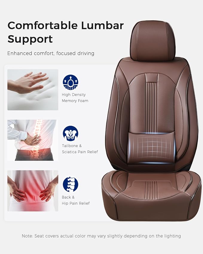 Huidasource Brown Seat Covers, Nappa Leather Car Seat Covers with Lumbar Support, Ventilation Holes, Velcro Adjustable, Airbag, Full-Coverage Seat Covers, Universal Fit for Most Cars SUV Trucks, Brown