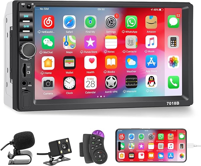 Double Din Car Stereo with Backup Camera Microphone, 7' Touchscreen 2 Din Radio, MP5 Player, Car Audio Receivers Support Mirror Link/Hands Free Call/FM/Steering Wheel Remote/BT/TF/USB/EQ/Aux