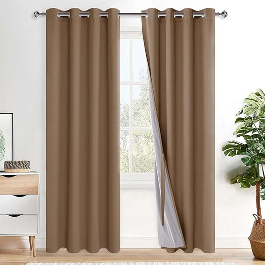 XWZO 100% Blackout Curtain Panels - Thermal Insulated Black Liner Curtains, Noise Reducing and Heat Blocking Drapes for Hall and Studio Windows with Tiebacks, Cappuccino, W52 x L84, Set of 2