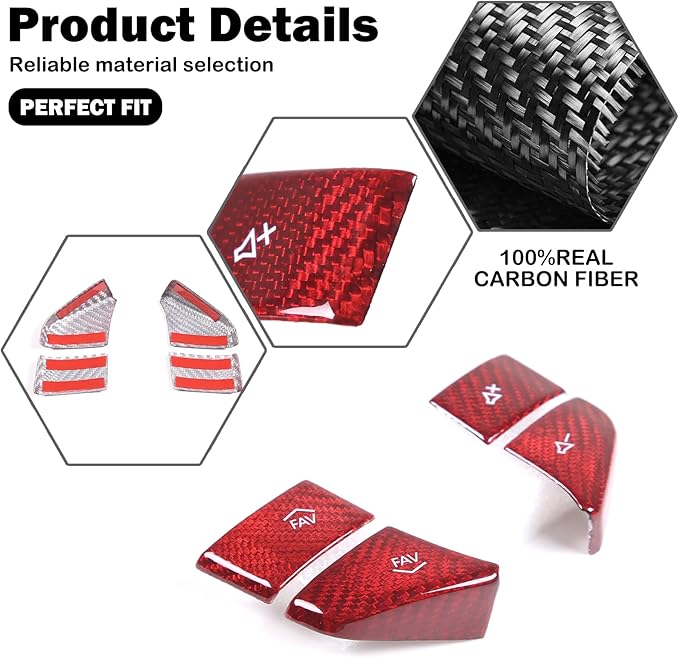 Dry Carbon Fiber Central Control Steering Volume Button Cover Compatible with Corvette C8 2020-2025 Accessories 4Pcs Center Consoles Steering Button Panel Sticker Decorative Interior Trim (Red)