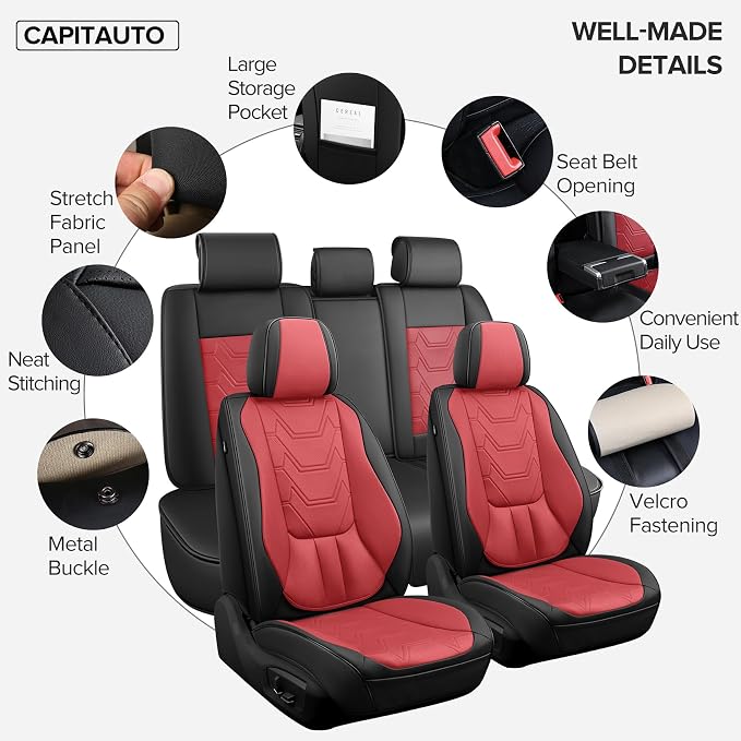 CAPITAUTO Car Seat Covers Full Set, Seat Covers for Car with Lumbar Support, Faux Leather Waterproof Seat Covers 5 Seats, Breathable Automotive Seat Covers Fit for Most Cars SUV Truck (Red & Black)