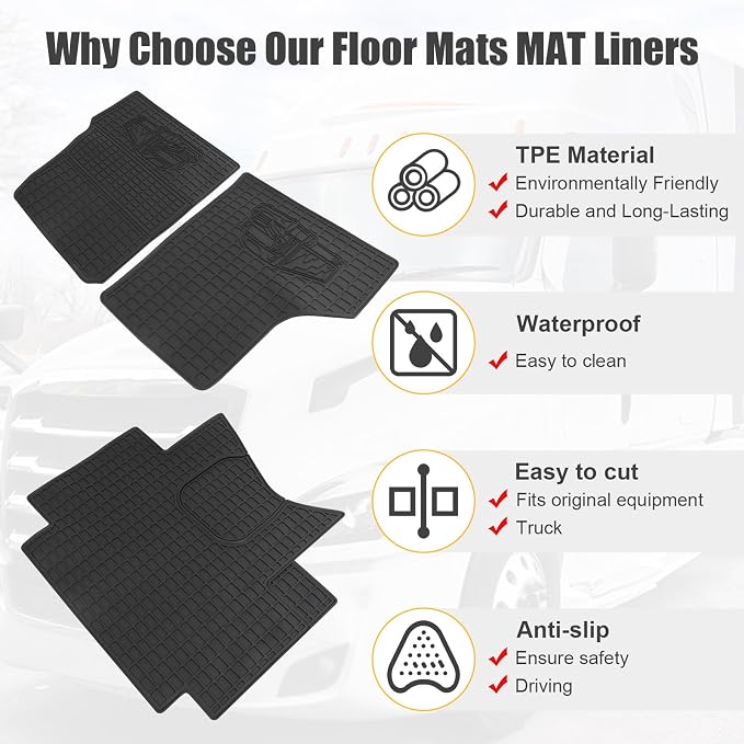 Floor Mats for Freightliner Cascadia 113 115 2008-2020 | Heavy Duty All-Weather Rubber Floor Liners | 3PCS Set Cargo Guard | Custom Fit Truck Accessories
