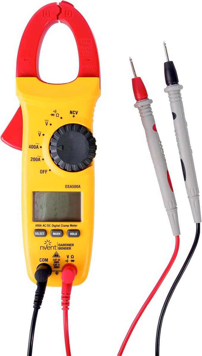 Gardner Bender Sperry Instruments DSA500A Digital Snap-Around Clamp Meter, 5 Function, 9 Range, 400-600V AC/DC, with Case, Measures Outlet & Panel Voltage, Yellow