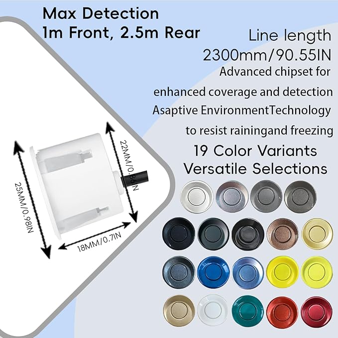 New Features Forward and Reverse Parking sensors, Option to Measure Distance in inches, bidirectional Display Option, and Customizable Digital Direction 18 Color Probes to Choose from(Red)