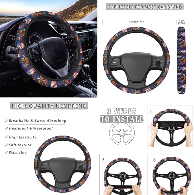 Wanyint Kentucky Horse Racing Car Seat Covers Full Set 12 Pieces, with Steering Wheel Seat Belt Covers Armrest Pad Handbrake Gear Shift Knob Cover Cup Coaster Universal Fit, American Flag Horse Navy