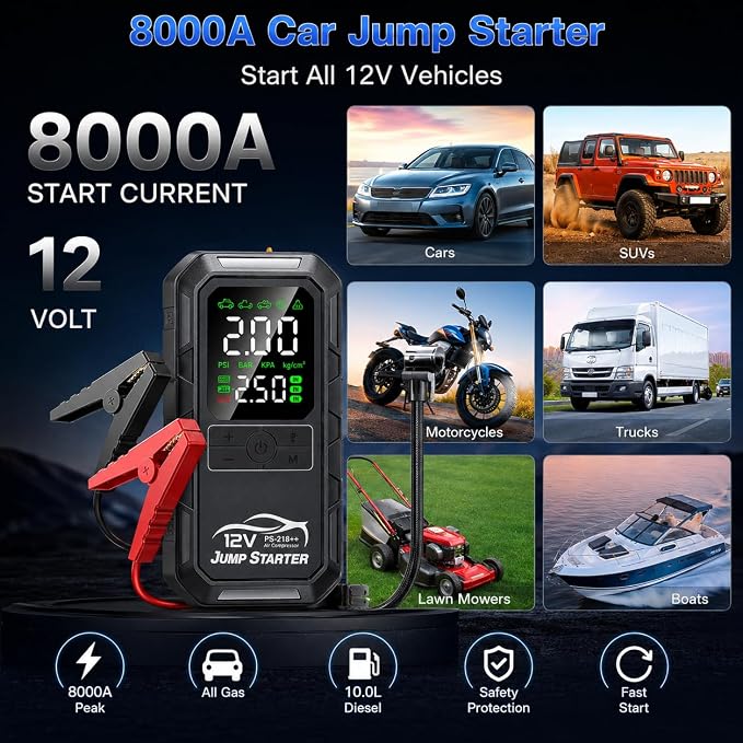 10-in-1 Car Battery Jump Starter with Air Compressor 8000A 160PSI Portable Car Jumper Starter (All Gas 12L Diesel), 12V Jump Box Car Battery Jump Starter Portable Jumper Cables, Lights (8000A)