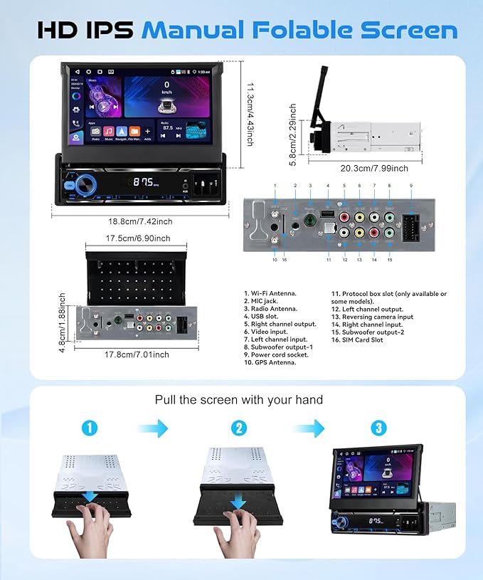 4G+64G Android Single Din Flip Out Car Stereo with Wireless Carplay Android Auto, Sellrich 7" Single Din Flip Out Touchscreen Radio with BT 5.0 GPS WiFi DSP FM/RDS USB/AUX/Type-C SWC Backup Camera