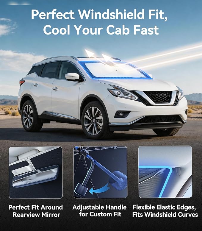 Nmoiss [Vinyl Coating Heat Shield] Windshield Sun Shade Umbrella Custom for Nissan Murano, Protect Car from Sun Rays & Heat Damage Keep Cool and Protect Interior