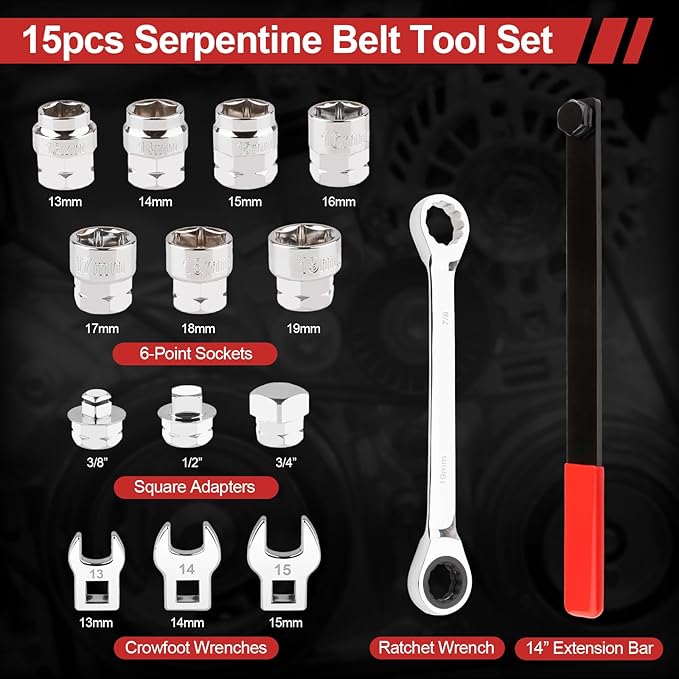 15PCS Serpentine Belt Tool Set, Professional Ratcheting Serpentine Belt Tensioner Tool for Removing and Installing Automotive Serpentine Belts