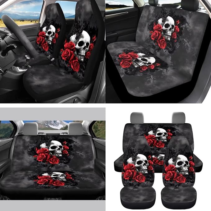 Rose Skull Car Seat Covers Full Set for Women Cute Car Accessories Interior Car Steering Wheel Cover Seatbelt Covers Trash Bin Rear View Mirror Cover Cup Holders Keychain