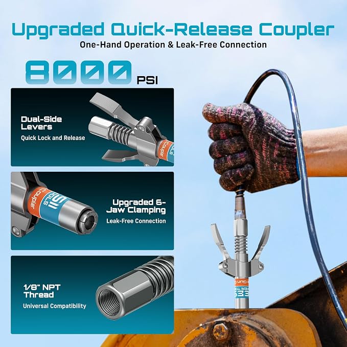 Seesii Grease Gun Accessory Kit, Includes Quick-Release Coupler, 90 Degree Grease Gun Coupler Adapter, 12 Inch Flexible Hose, 2 Grease Needle Tips for Easy Greasing Narrow, Tight & Deep Spaces, GR04P