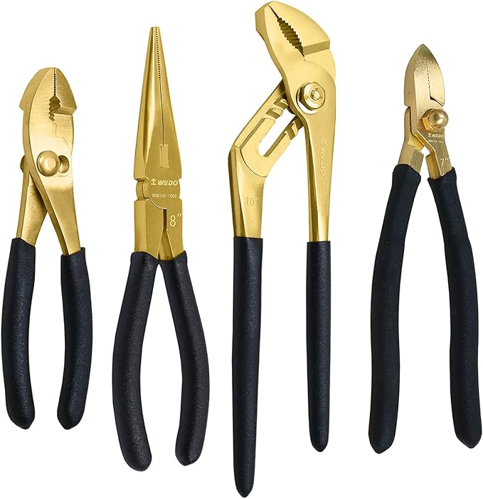 WEDO Brass Pliers Set - 4pc Non-Slip Handle, 8" Snipe Nose, 6" Slip Joint, 7" Diagonal Cutting, 10" Groove Joint