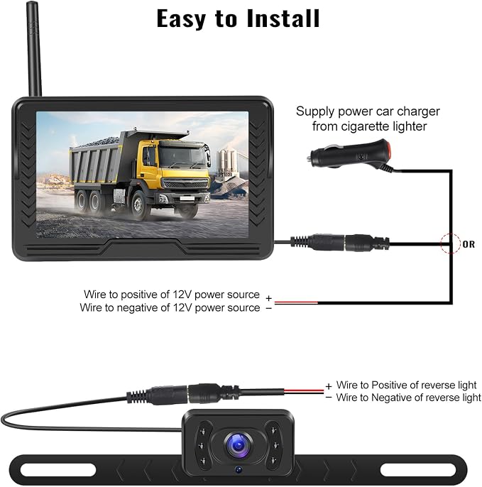 Wireless Backup Camera for Car with 5 inch Monitor Easy Setup IR Night Vision IP69 Waterproof License Plate Reverse Camera DIY Parking Lines Rear View Camera System for Car Truck SUV Pickup Van