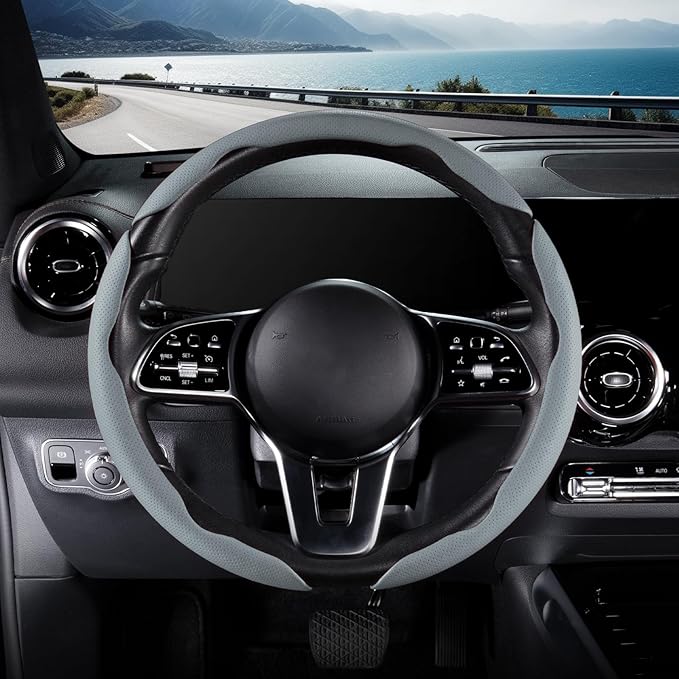 Nappa Leather Car Steering Wheel Cover for Men Women, Ultra-Thin Non-Slip Breathable Microfibre, Universal for 14.5"-15" Steering Wheel - Gray