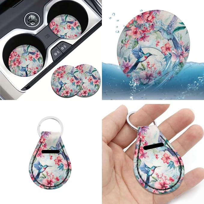 Cherry Blossom Hummingbirds Car Seat Covers 12Pcs Auto Front Rear Seat Protection Accessories Full Set with Universal Fit Steering Wheel Covers Seatbelt Pad Keychain Cup Mat Armrest Pads