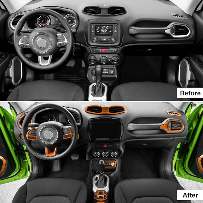 CheroCar 31 PCS Full Set Interior Decoration Trim Kit Steering Button Cover Door Handle Cover Air Outlet Cover Cup Holder Gear Cover Trim Door Speaker Cover for Jeep Renegade 2016-2018,Orange…