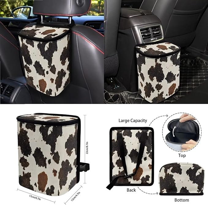 Cow Pattern Car Accessories Set of 15 Car Seat Cover Full Set with Steering Wheel Cover Car Trash Can Coasters Air Vent Storage Bag Seatbelt Cover Rearview Mirror Cover