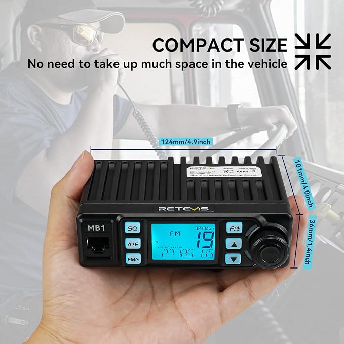 Retevis MB1 AM/FM CB Radio Kit, Portable CB Mobile Radio Kit with 5W Mini External Speaker and Magnetic Antenna, Noise Reduction, Emergency Channel 9/19, VOX, CB Radios Long Ranges for Trucker