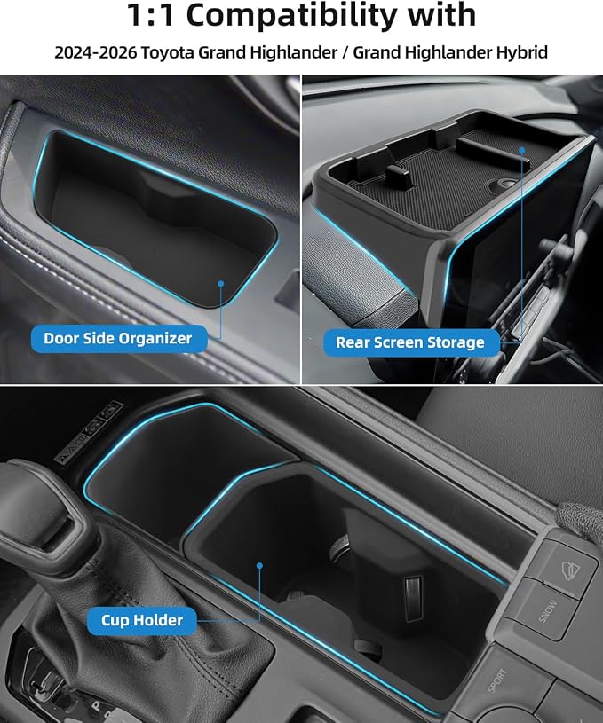 Center Control Insert Cup Holder+Rear Door Side Storage Box +Screen Dashboard Tray for 2024-2026 Toyota Grand Highlander/2025 2026 Grand Highlander Hybrid (5PCS)