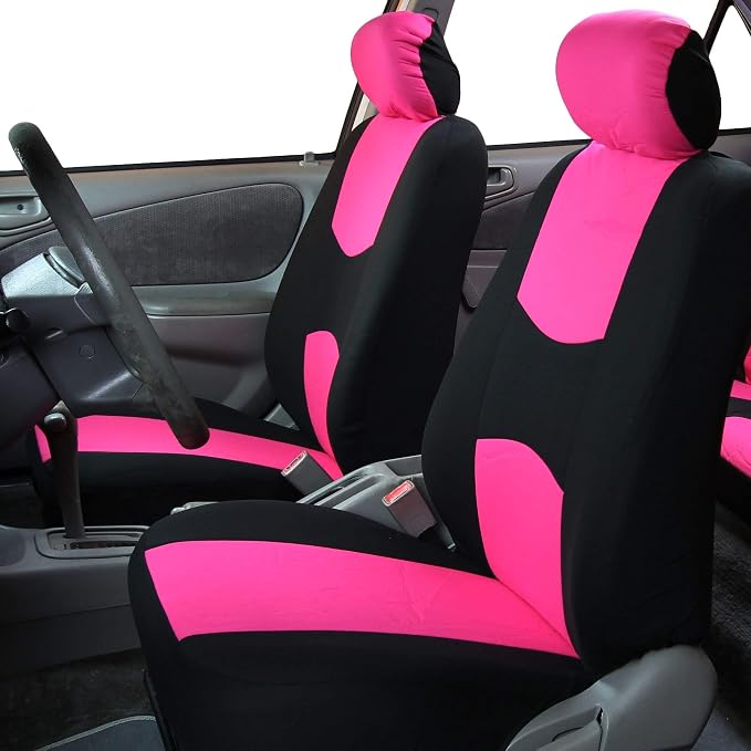 FH Group Car Seat Covers Flat Cloth Front Seats Only Pink Automotive Seat Cover, Airbag Compatible Universal Fit Interior Accessories Cars Trucks SUV Combo Steering Wheel Cover & Seat Belt Pads