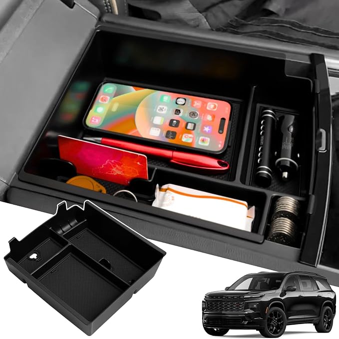 Center Console Organizer Tray for 2026 2025 2024 Chevy Traverse/GMC Acadia/Buick Enclave Interior Accessories - Middle Center Console Armrest Storage Coin Box - ABS Plastic, Black