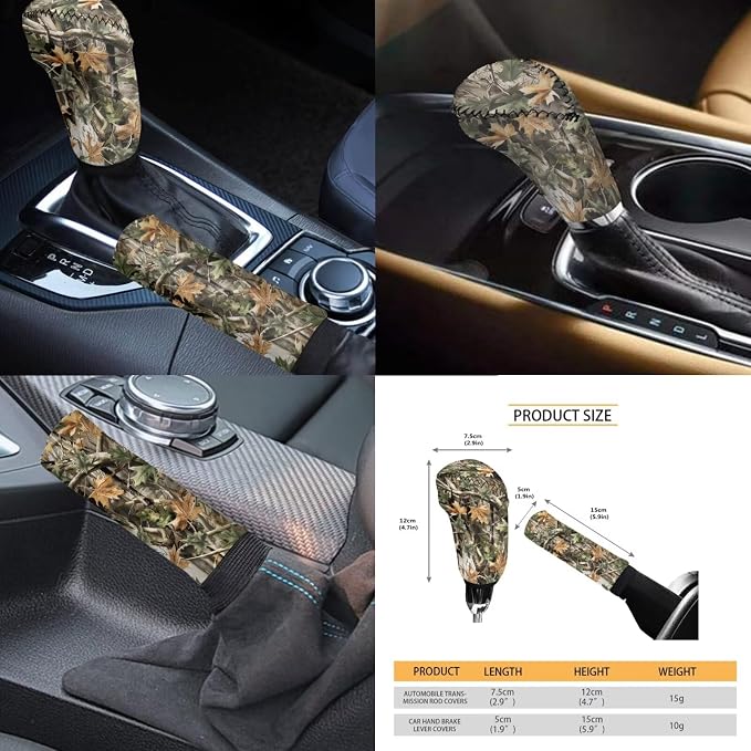KEIAHUAN 11 Pieces Camo Hunting Design Car Accessories Set Automotive Rear Front Seat Cover, Steering Wheel Cover, Handbrake and Gear Shift Knob Cover, Headrest Covers, Coasters