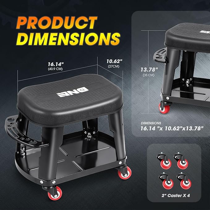 DNA Motoring TOOLS-00252 Removable Rolling Garage Stool with Seat Cushion & Tool Tray Plate,300lbs Max Weight Capacity