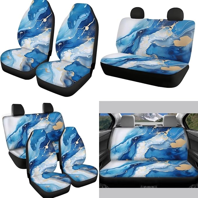 12 Pcs Blue Marble Automotive Seat Cover Interior Set with Marble Steering Wheel Cover Elastic,Cup Holder Coaster,Car Keychain,Seat Belt Cushion,Armrest Pad Universal Fit Cars