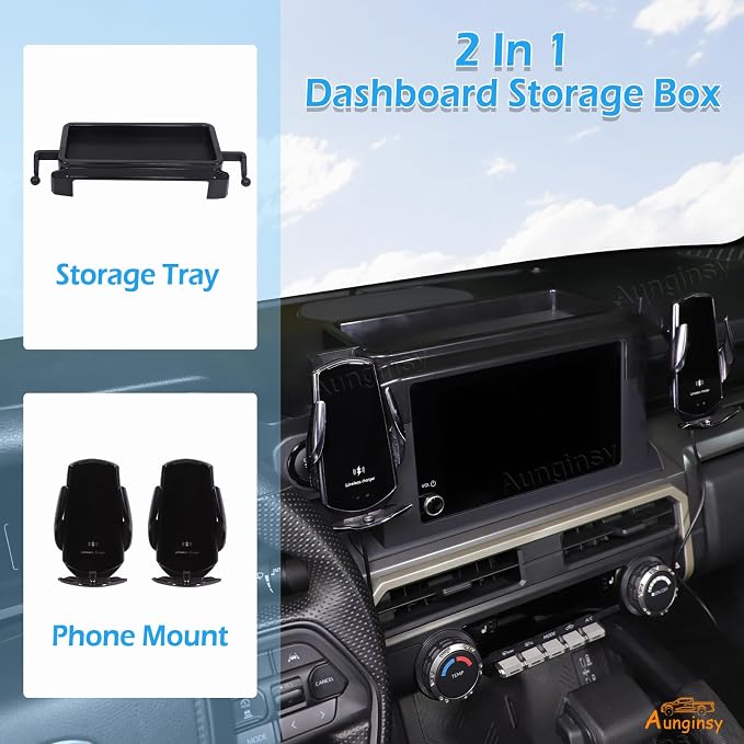 Car Center Console Dash Storage Tray With Phone Mount Compatible with Toyota Tacoma 2026 2025 2024, Dashboard Organizer Tray Mobile Phone Holder Storage Box Insert Accessories, Only Fit 8-inch Screen