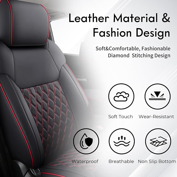 Huidasource Custom Fit Tundra Front Seat Covers, Waterproof Seat Cushion Fit for 2014-2021 Toyota Tundra CrewMax Pickup Truck (Front Pair/Black & Red)