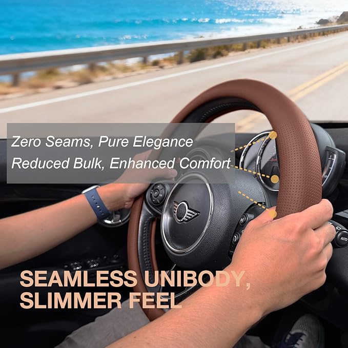 PINCTROT Nappa Leather Steering Wheel Cover, Slim Fit No Bulk Design, One Piece Leather with Breathable Perforation, Fit Like Gloves, Universal 14.5-15 Inch(Nappa Brown)