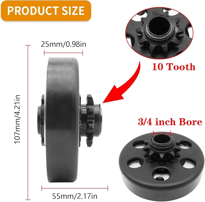 Centrifugal Clutch, Go Kart Clutch 3/4 Bore 10T with #40 41 420 Chain for Mini Bike, Go Kart, predator 212, Lawnmower and Honda GC GX 2-6.5HP Engine GC160 GC190 GX120 GX140 GX160 GX200.