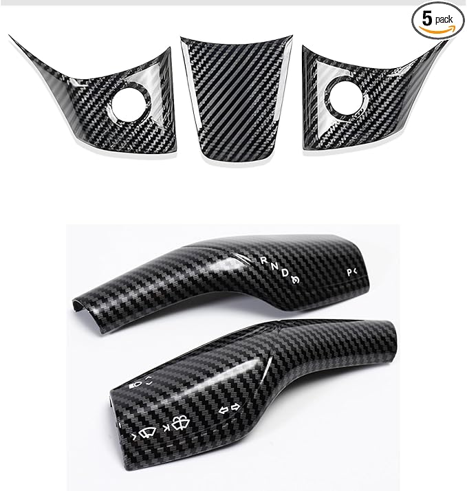 Steering Wheel Trim Cover with Gear Shift Cover for Tesla Model 3 Y Decorative Accessories 5Pcs(Glossy Carbon Fiber Pattren)