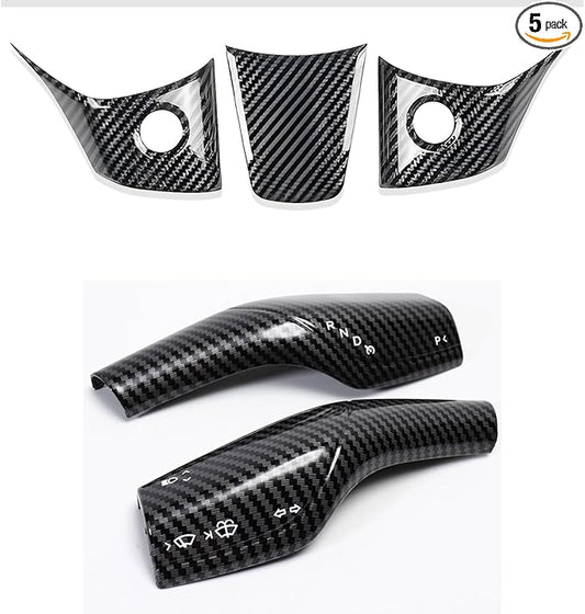 Steering Wheel Trim Cover with Gear Shift Cover for Tesla Model 3 Y Decorative Accessories 5Pcs(Glossy Carbon Fiber Pattren)