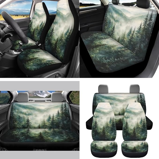 Misty Mountain 15 PCS Car Seat Cover Set with Auto Steering Wheel Cover Seat Belt Strap Protector Cup Holder Trash Bag Rear View Mirror Protector Keychain