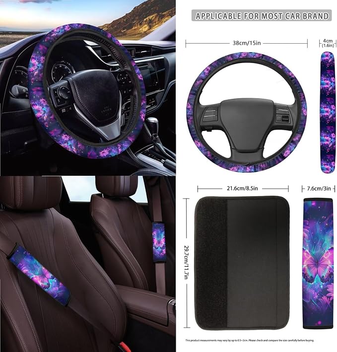 Butterfly Fire Sunflower Print Car 15pcs Accessories, Full Set Seat Covers for Cars Steering Wheel Cover Seat Belt Cover Trash Can Air Vent Pocket Mirror Cover Coasters Universal Fit