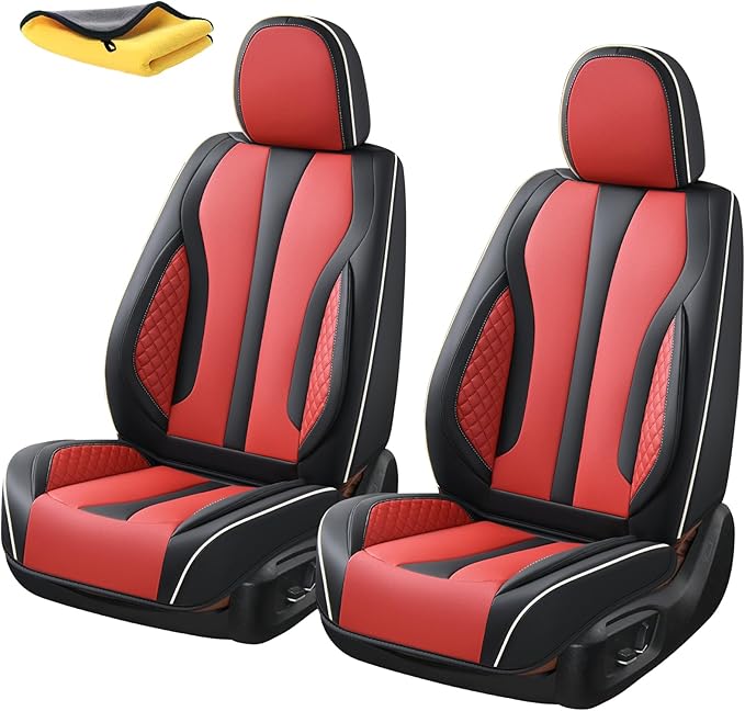 2-Seater Car Seat Covers Full Set, Fit for Front Seats of Cars, Waterproof and Breathable Nappa Leather, Compatible with Airbags, Car Seat Protector Covers for Most Cars - Black Red