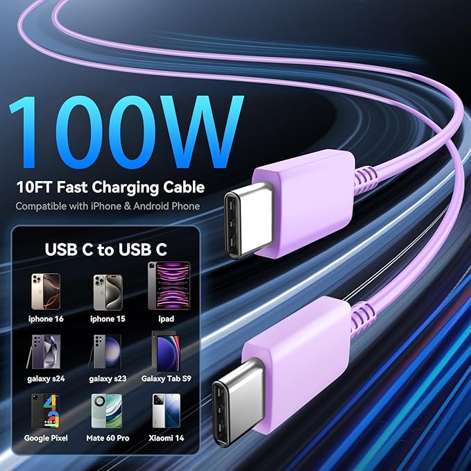 Phone 17 16 Pro Max Charger Fast Charging, 45W Super Fast USB C Charger Block with 10FT Extra Long Fast Charging Cable for 17 16 Pro Max/17 16/16 Plus,15 Pro Max/15 Pro/15, Android Phone-Purple